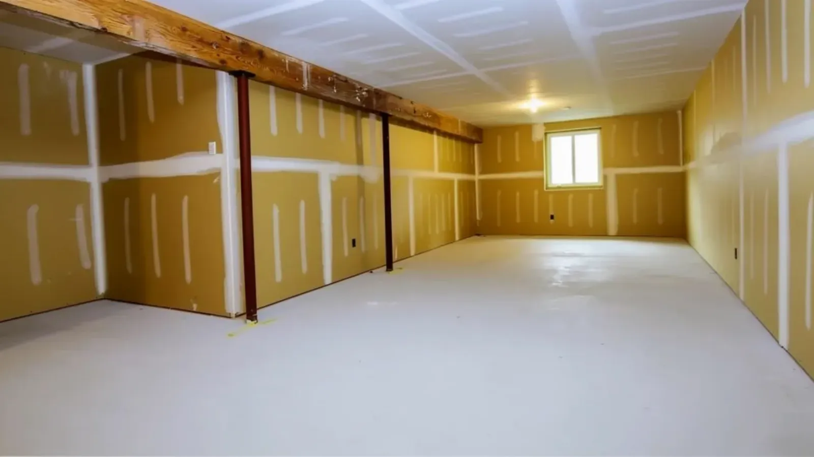 A basement with its walls and ceiling hung in drywall and the joints taped and coated, ready for paint