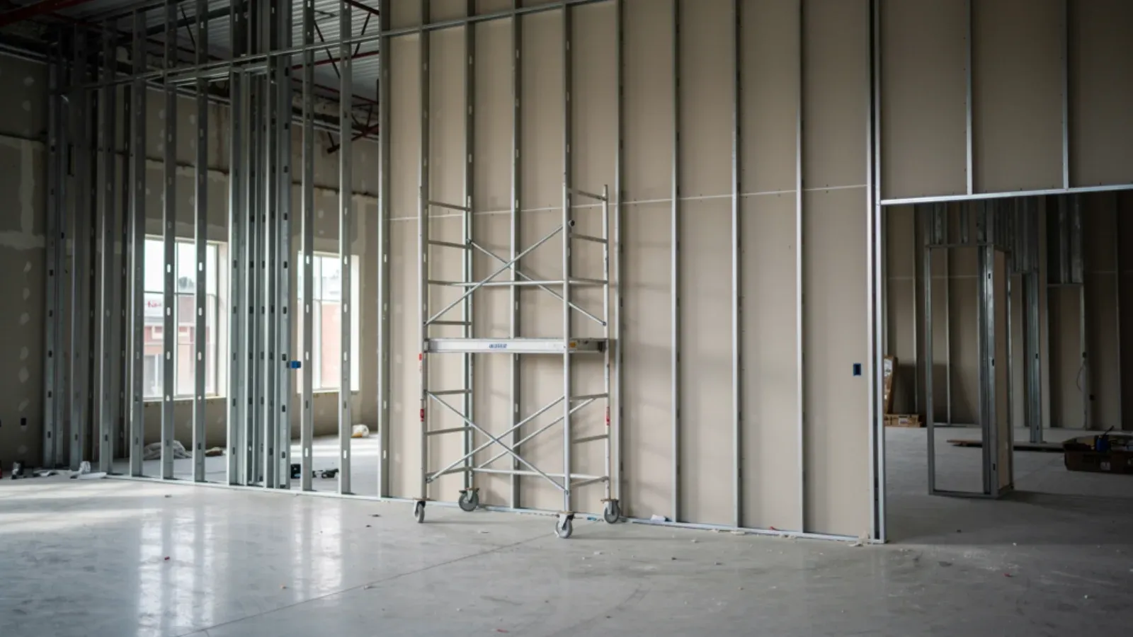 Commercial interior with steel-stud partition framing partly covered in bare drywall and a rolling scaffold against a tall unfinished wall