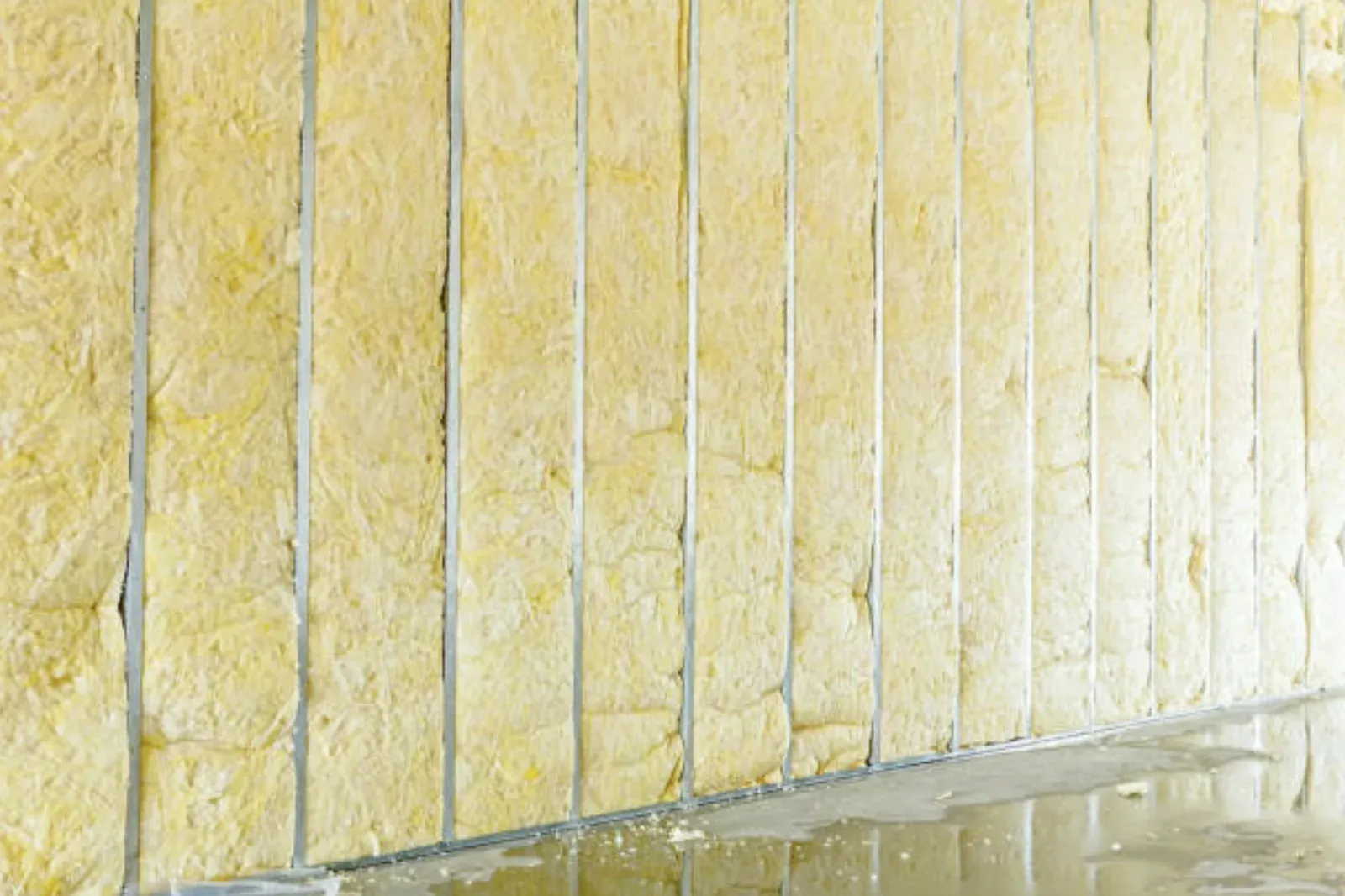Long partition wall of closely spaced steel studs filled with mineral-wool sound insulation, in a room under construction
